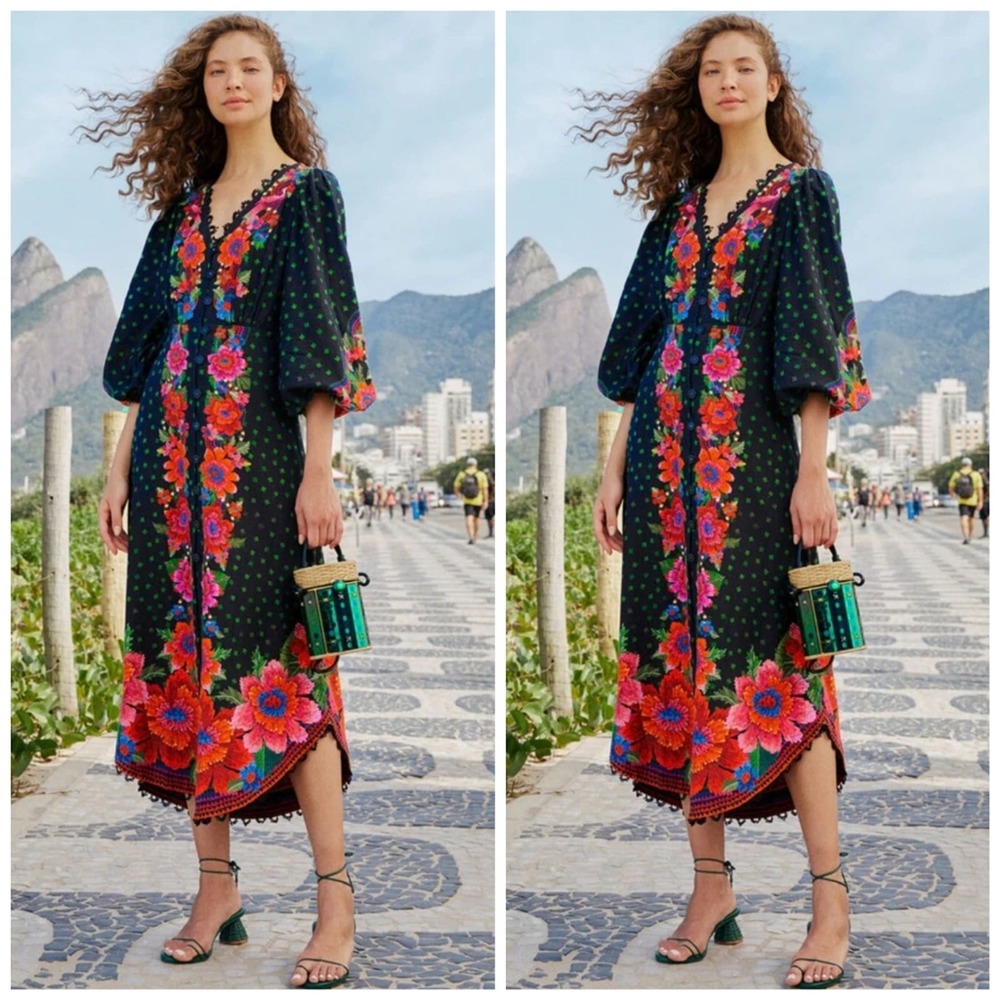 Farm Rio Blooming Garden Floral Maxi Dress Large Floral Linen Blend Button NEW